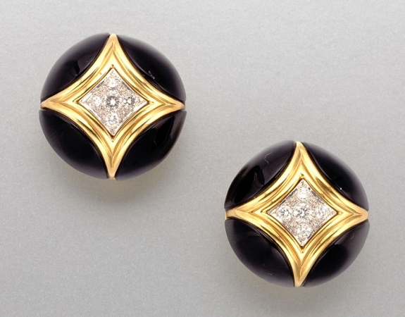 Lot image - Pair of Black Onyx and Diamond Earclips