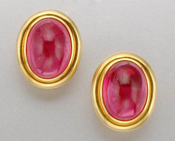 Lot image - Pair of Gold and Cabochon Rubellite Earclips