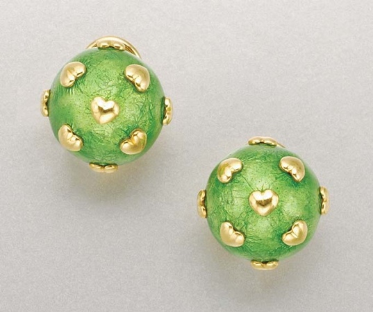 Lot image - Pair of Gold and Green Enamel Earclips