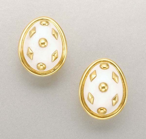 Lot image - Pair of Gold and White Enamel Earclips