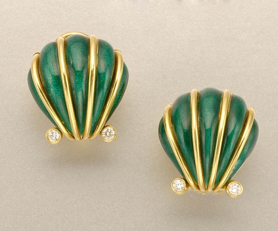 Lot image - Pair of Gold, Green Enamel and Diamond Earclips
