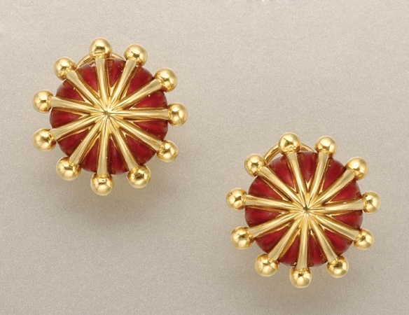 Lot image - Pair of Gold and Red Enamel Earclips