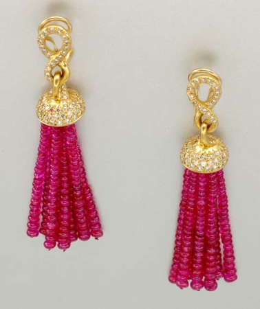 Lot image - Pair of Gold, Diamond and Ruby Bead Fringe Earrings