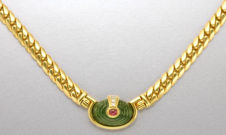 Lot image - Gold, Carved Tourmaline, Ruby and Diamond Necklace