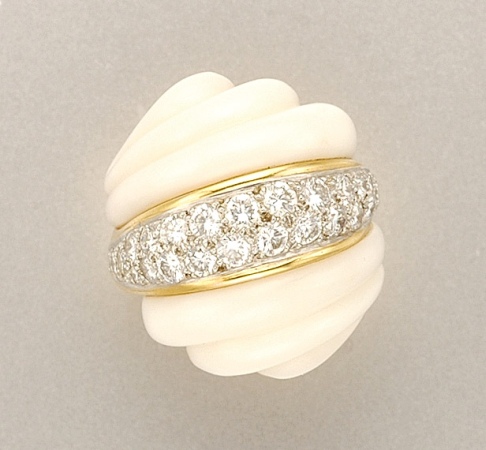Lot image - Fluted White Coral and Diamond Ring