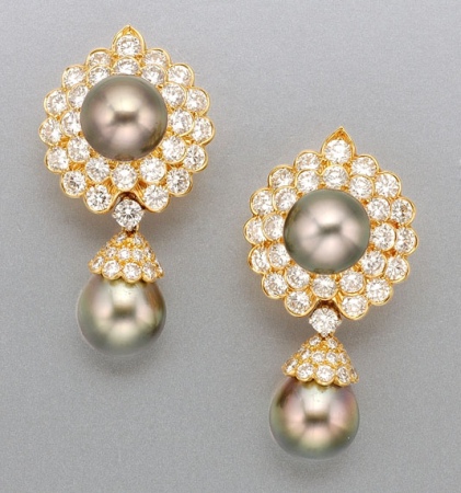 Lot image - Pair of Black Cultured Pearl and Diamond Pendant Earclips