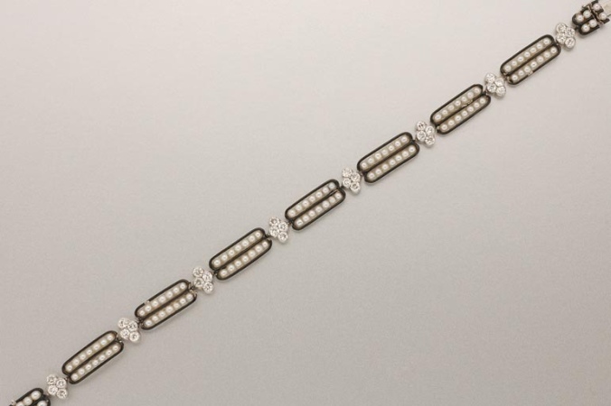 Lot image - Art Deco Diamond, Seed Pearl and Black Enamel Bracelet