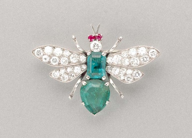 Lot image - Diamond, Emerald and Ruby Insect Brooch