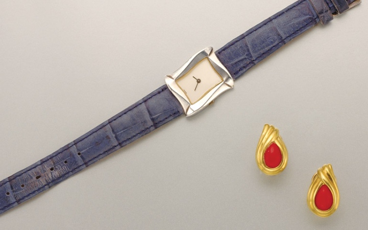 Lot image - Pair of Gold and Coral Earclips and Silver Wristwatch