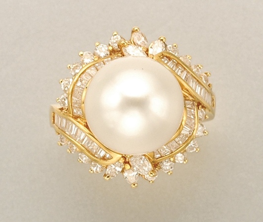 Lot image - Gold, Cultured Pearl and Diamond Ring