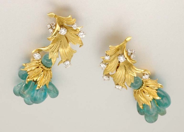 Lot image - Pair of Gold, Emerald and Diamond Pendant-Earrings