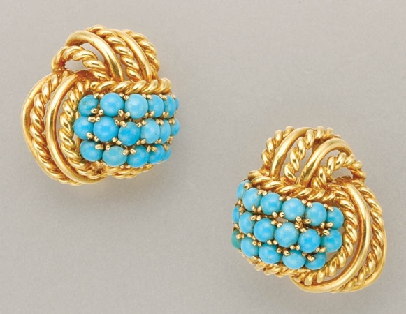 Lot image - Pair of Gold and Turquoise Earclips