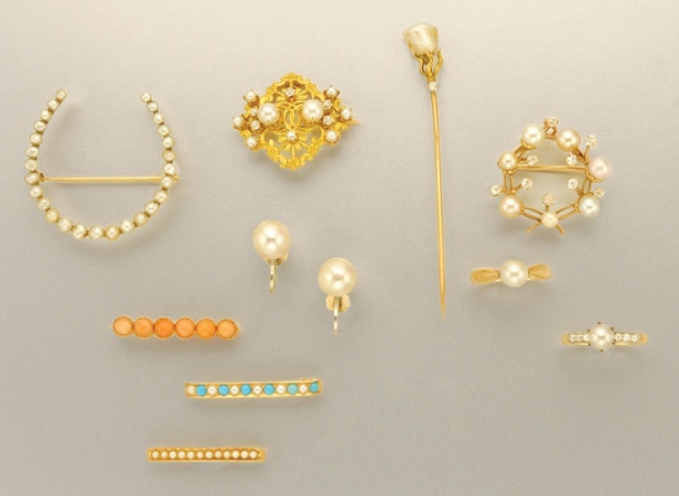 Lot image - Group of Antique Pearl, Coral and Turquoise Jewelry and Pair of Cultured Pearl Earrings