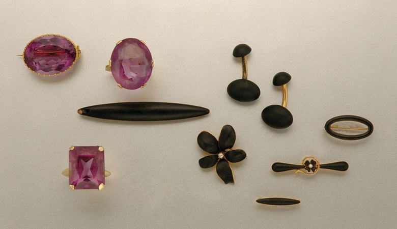 Lot image - Group of Antique Black Enamel Jewelry and Amethyst Jewelry