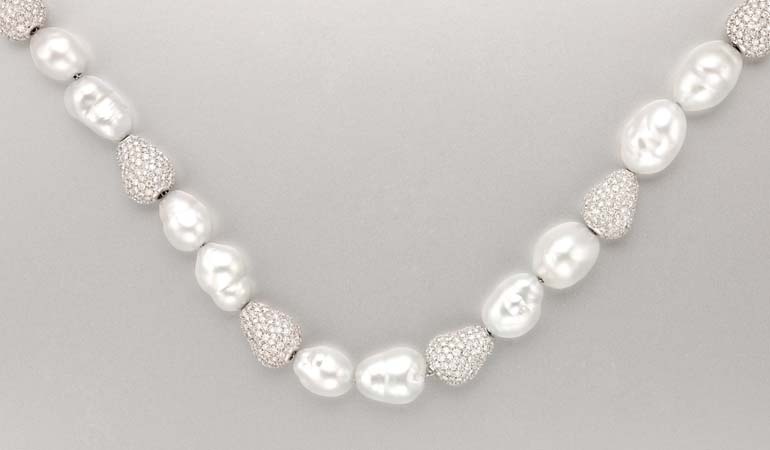 Lot image - Baroque Cultured Pearl and Diamond Necklace