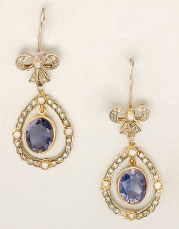 Lot image - Pair of Iolite, Diamond and Split Pearl Pendant Earrings