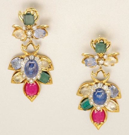 Lot image - Pair of Gold, Gem-Set and Diamond Pendant Earrings