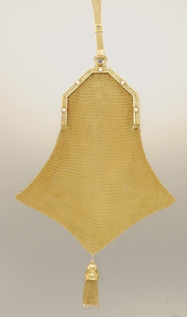 Lot image - Gold, Diamond, Cabochon Sapphire and Seed Pearl Mesh Purse