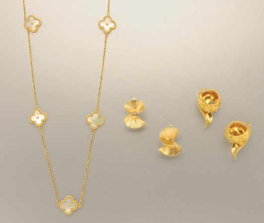 Lot image - Two Pairs of Gold Earclips and Mother-of-Pearl Chain Necklace