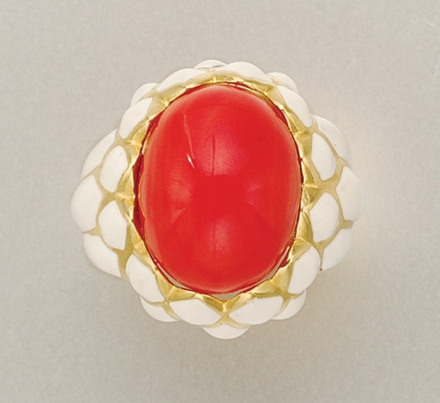 Lot image - Gold, Coral and White Enamel Ring