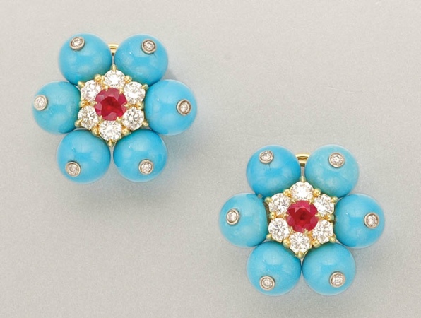 Lot image - Pair of Turquoise, Ruby and Diamond Earclips