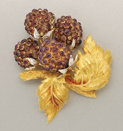 Lot image - Gold, Purple Enamel and Diamond Berry Clip Brooch