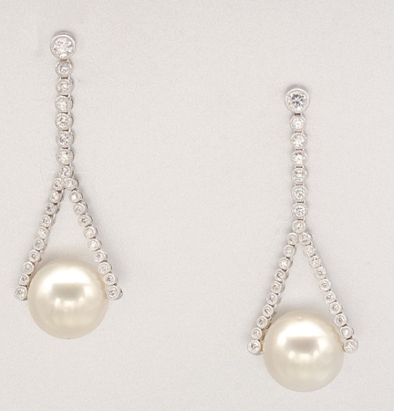 Lot image - Pair of Cultured Pearl and Diamond Pendant Earrings