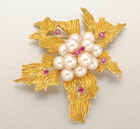 Lot image - Gold, Cultured Pearl and Ruby Brooch