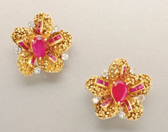 Lot image - Pair of Gold, Ruby and Diamond Earclips