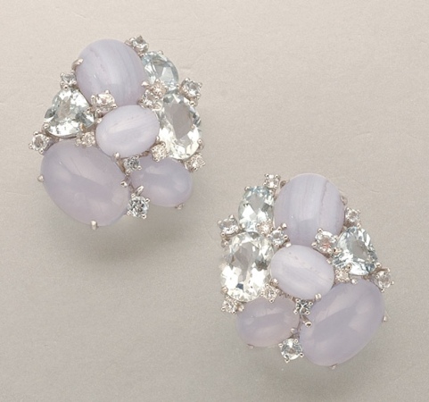Lot image - Pair of Chalcedony and Aquamarine Earclips