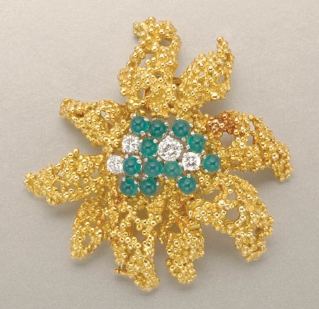 Lot image - Gold, Green Chalcedony and Diamond Clip Brooch