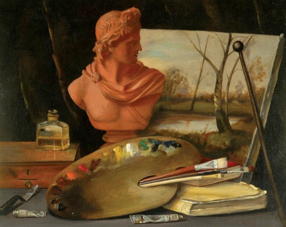 Lot image - John Robinson Tait American, 1834-1909 STILL LIFE WITH ARTISTS PALETTE AND BUST OF THE APOLLO BELVEDERE