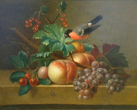 Lot image - American School 19th Century STILL LIFE WITH A ROBIN AND FRUIT