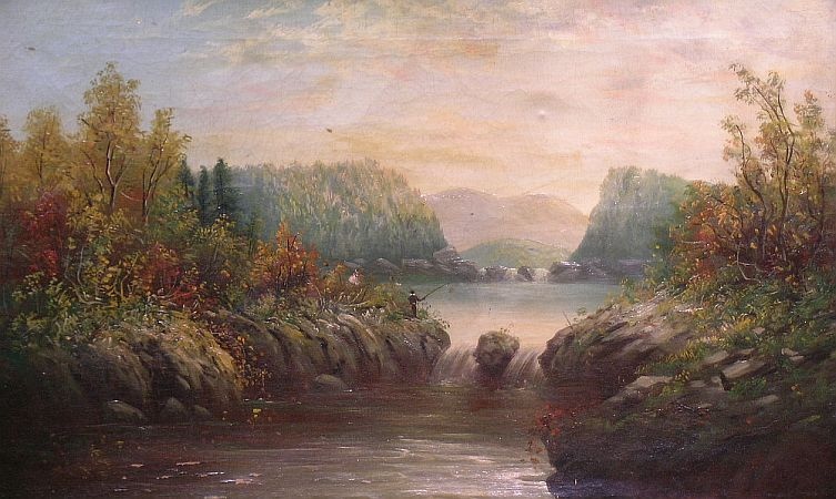Lot image - American School 19th/20th Century RIVER LANDSCAPE WITH A MAN FISHING