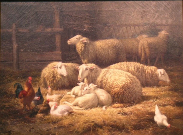 Lot image - Theo van Sluys Belgian, 1849-1931 SHEEP IN STABLE