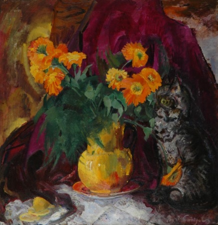Lot image - Boris Izrailevich Anisfeld Russian, 1879-1973 ZINNIAS WITH GRAY CAT