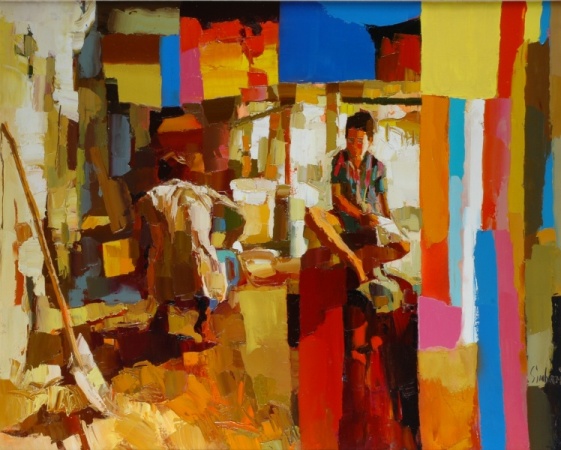 Lot image - Nicola Simbari Italian, b.1927 INTERIOR WITH FIGURES