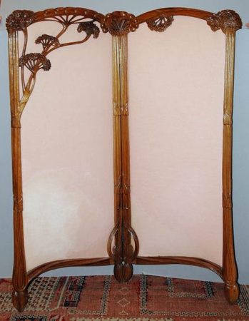 Lot image - Art Nouveau Style Upholstered Fruitwood Two-Panel Screen