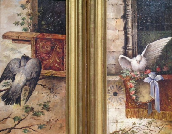 Lot image - F. Munoz Terry Spanish, 19th/20th century DOVE AND TAMBOURINE and BIRD AT THE WINDOW: TWO