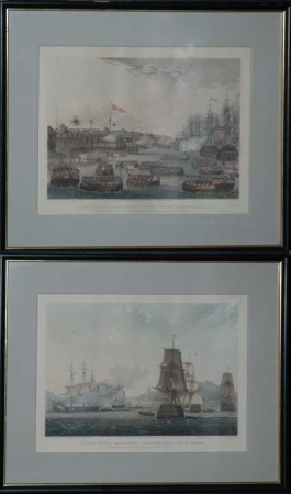 Lot image - After J. Moore VIEW OF THE LANDING OF RAGOON.. aquatint; T/W After Webster H.M.S. LARNE...ATTACKING THE STOCKADES... aquatint (2)