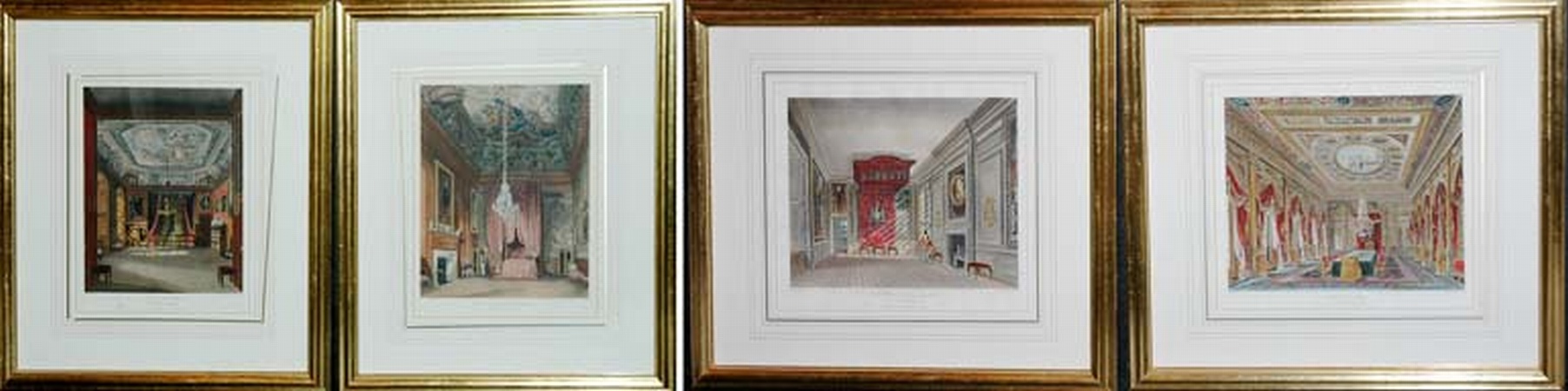 Lot image - After Wild [ENGLISH PALACE VIEWS] 3 aquatints; T/w After Cattermole QUEEN MARYS STATE BED-CHAMBER, HAMPTON CT aquatint (4)