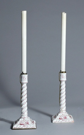 Lot image - Pair of Staffordshire Enamel Candlesticks