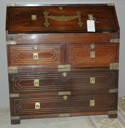 Lot image - Campaign Style Brass Inlaid Mahogany Slant Front Desk