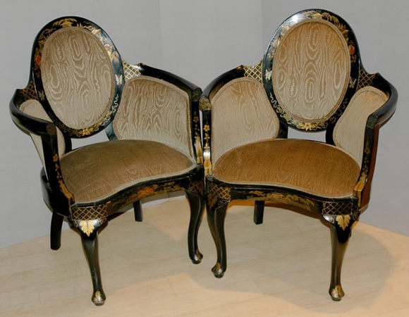 Lot image - Pair of Black Lacquered Chinoiserie Decorated Upholstered Armchairs