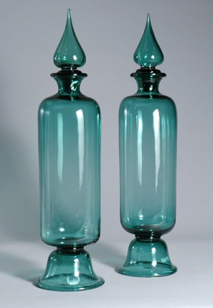 Lot image - Pair of Green Glass Covered Bottles