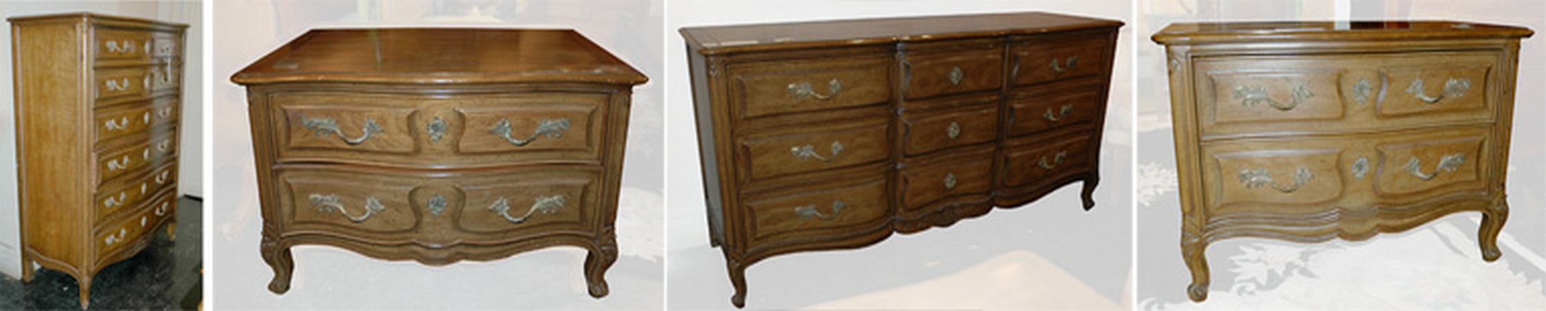 Lot image - French Provincial Style Fruitwood Triple Dresser; Together with a Pair of Night Stands and a Tall Chest en Suite