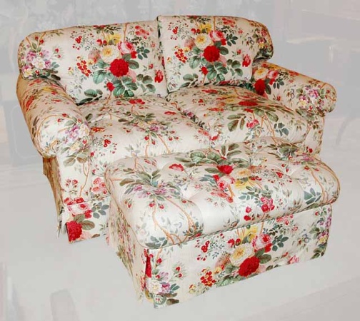 Lot image - Upholstered Two-Seat Sofa with Ottoman en Suite