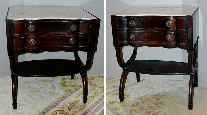 Lot image - Pair of Neoclassical Style Marble Top Mahogany Side Tables