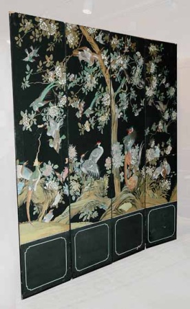 Lot image - Asian Bird and Floral Painted Canvas Four-Panel Screen