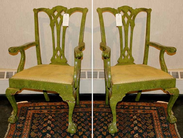 Lot image - Set of Six Georgian Style Green Painted Dining Chairs including Two Armchairs